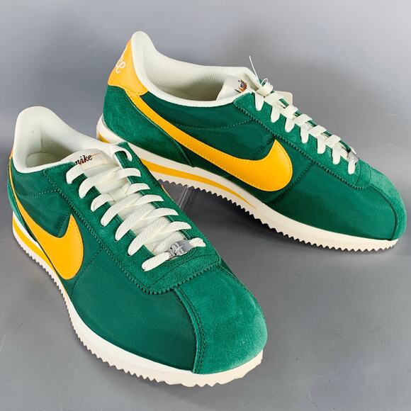 NIKE Size 12.5 Cortez TXT Green Yellow Suede Polyester Low Top Sneakers - Picture 1 of 10